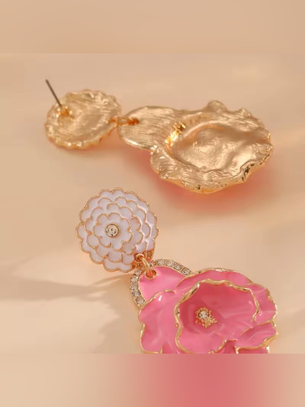 Pink & White Enamel Floral Statement Drop Earrings - Picture 4 of 5